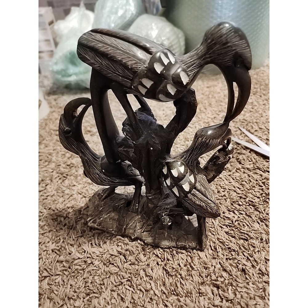 3 Hornbill Birds on a Trunk Stone Sculpture African Art